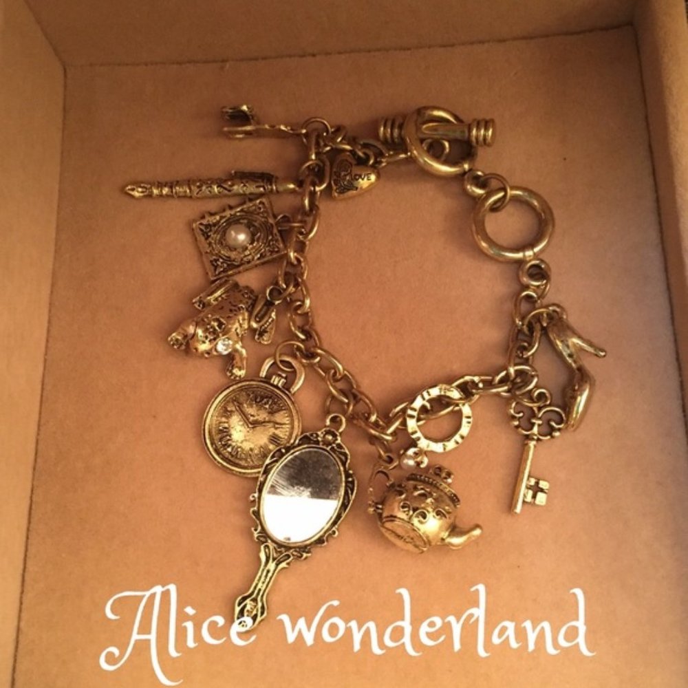Alice Wonderland Bracelet, Frog, Mirror, Tea Pot Charm Bracelet